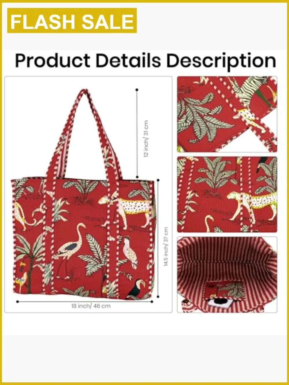 Women's Lightweight Travel Tote Bag Set with 3 Matching Pouches Cotton Shoulder